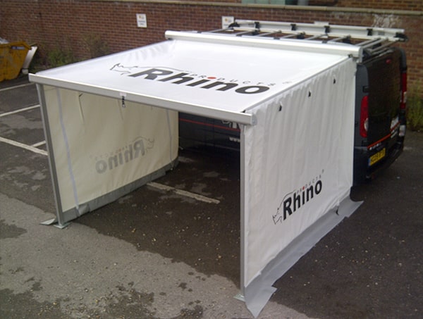 white branded van awning with side screens